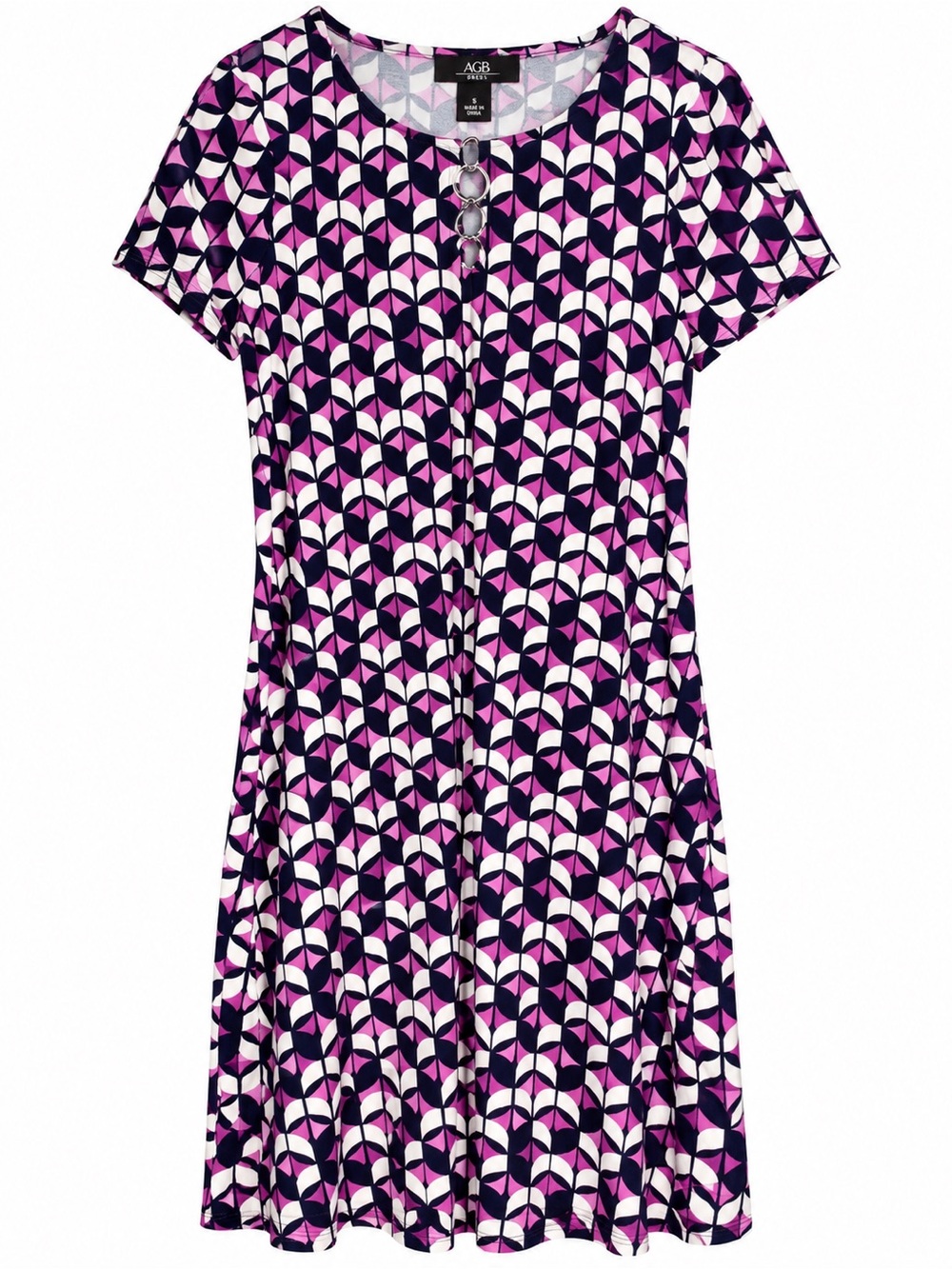 AGB Womens Small Geometric Print Shift Dress Short Sleeve Ring Neck Lined